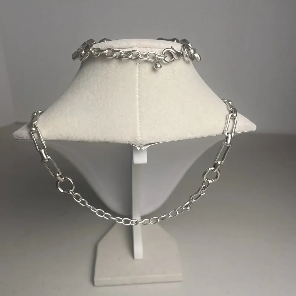 Silver Tone Heart Pendant Necklace Chunky Chain Bracelet Set Statement Bold Y2K